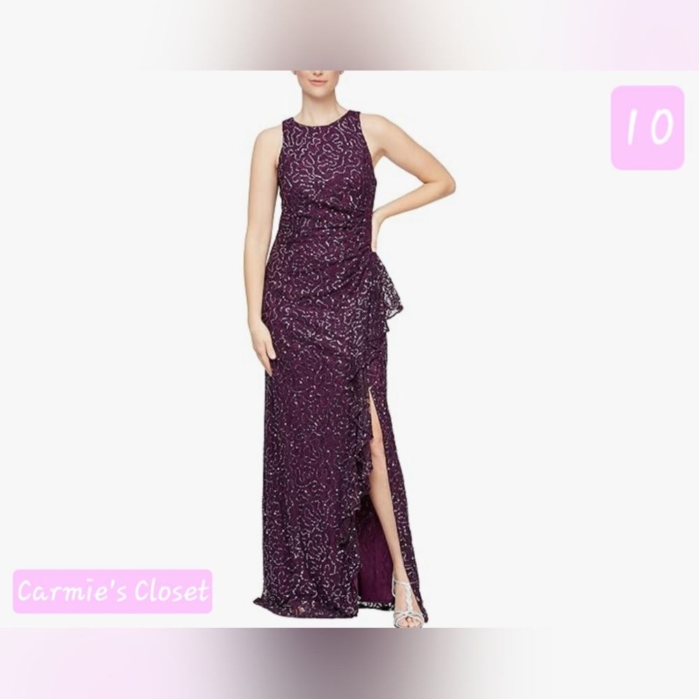 🔥NWT🔥OBO🔥 🟠 Alex Evenings Women's Long Cascade Dress w/Front Slit Size 10